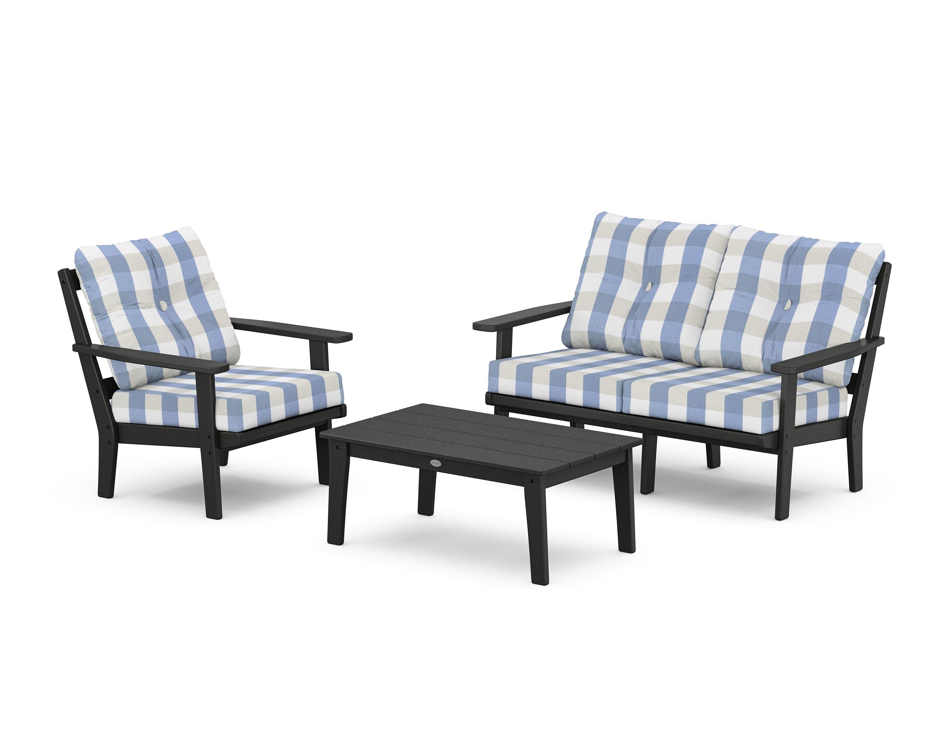 POLYWOOD® Oxford 3-Piece Deep Seating Set with Loveseat in Black / Buffalo Plaid Sky Blue
