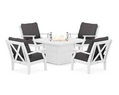 POLYWOOD® Braxton 5-Piece Deep Seating Conversation Set with Fire Pit Table in White / Ash Charcoal