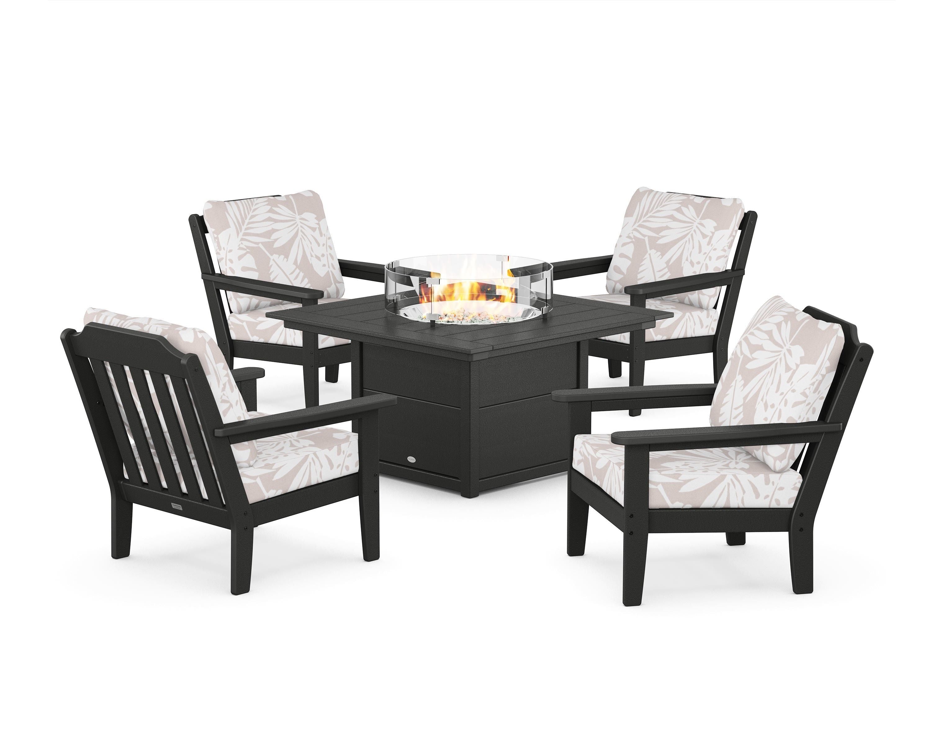 Country Living Cottage 5-Piece Deep Seating Set with Fire Pit Table in Black / Leaf Dune Burlap