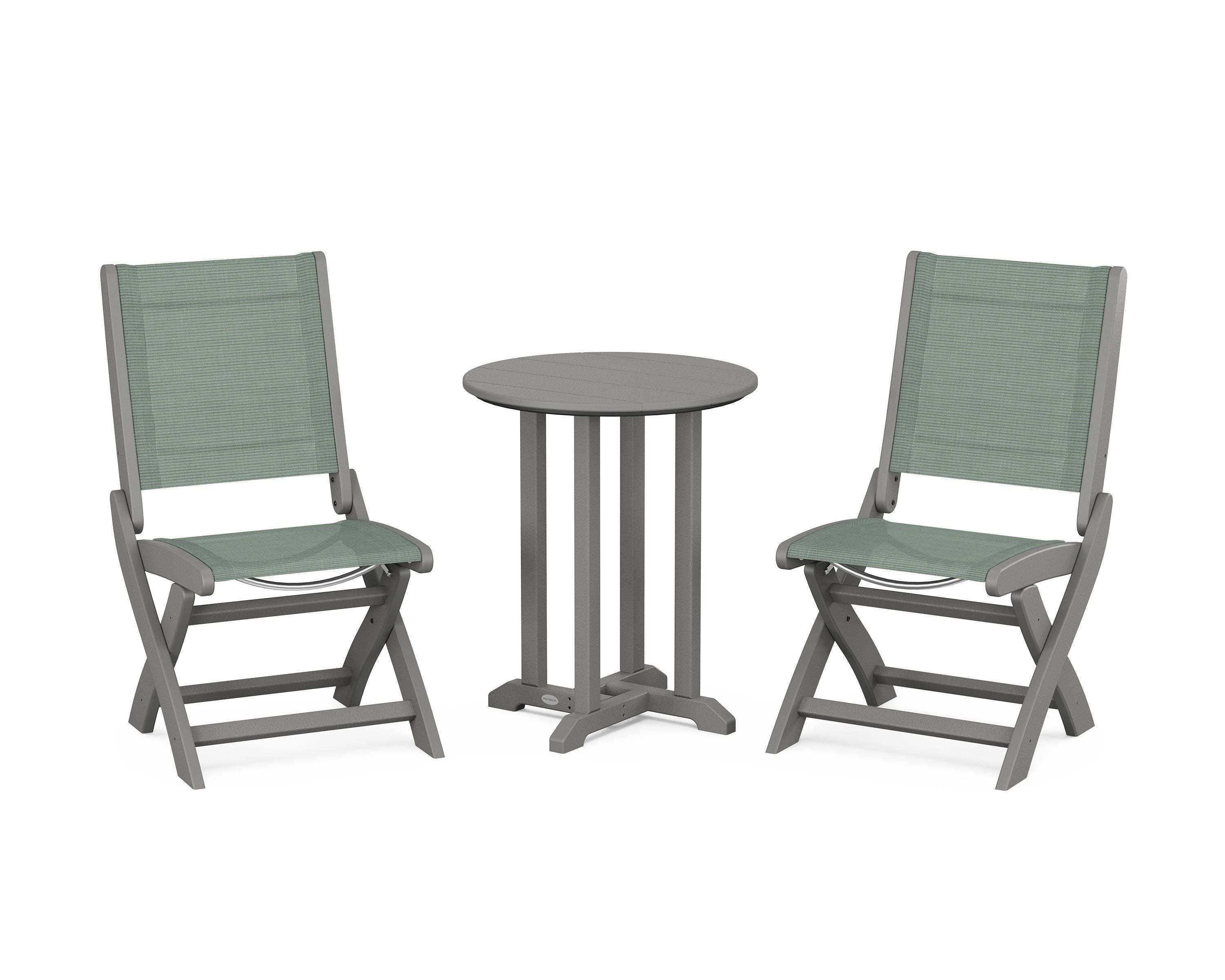 POLYWOOD® Coastal Folding Side Chair 3-Piece Round Bistro Dining Set in Slate Grey / Dupioni Sea Mist Sling