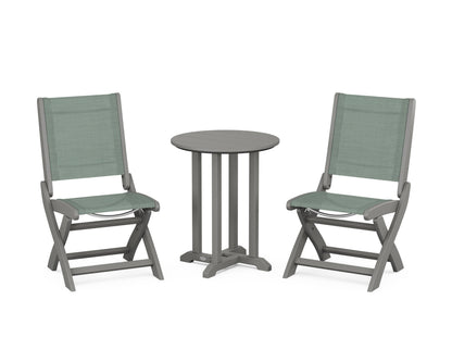POLYWOOD® Coastal Folding Side Chair 3-Piece Round Bistro Dining Set in Slate Grey / Dupioni Sea Mist Sling