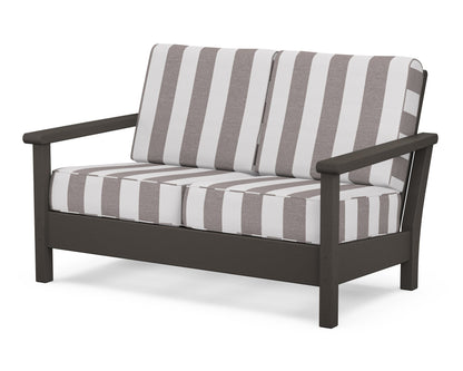 POLYWOOD® Harbour Deep Seating Loveseat in Vintage Coffee / Cabana Stripe Grey Mist
