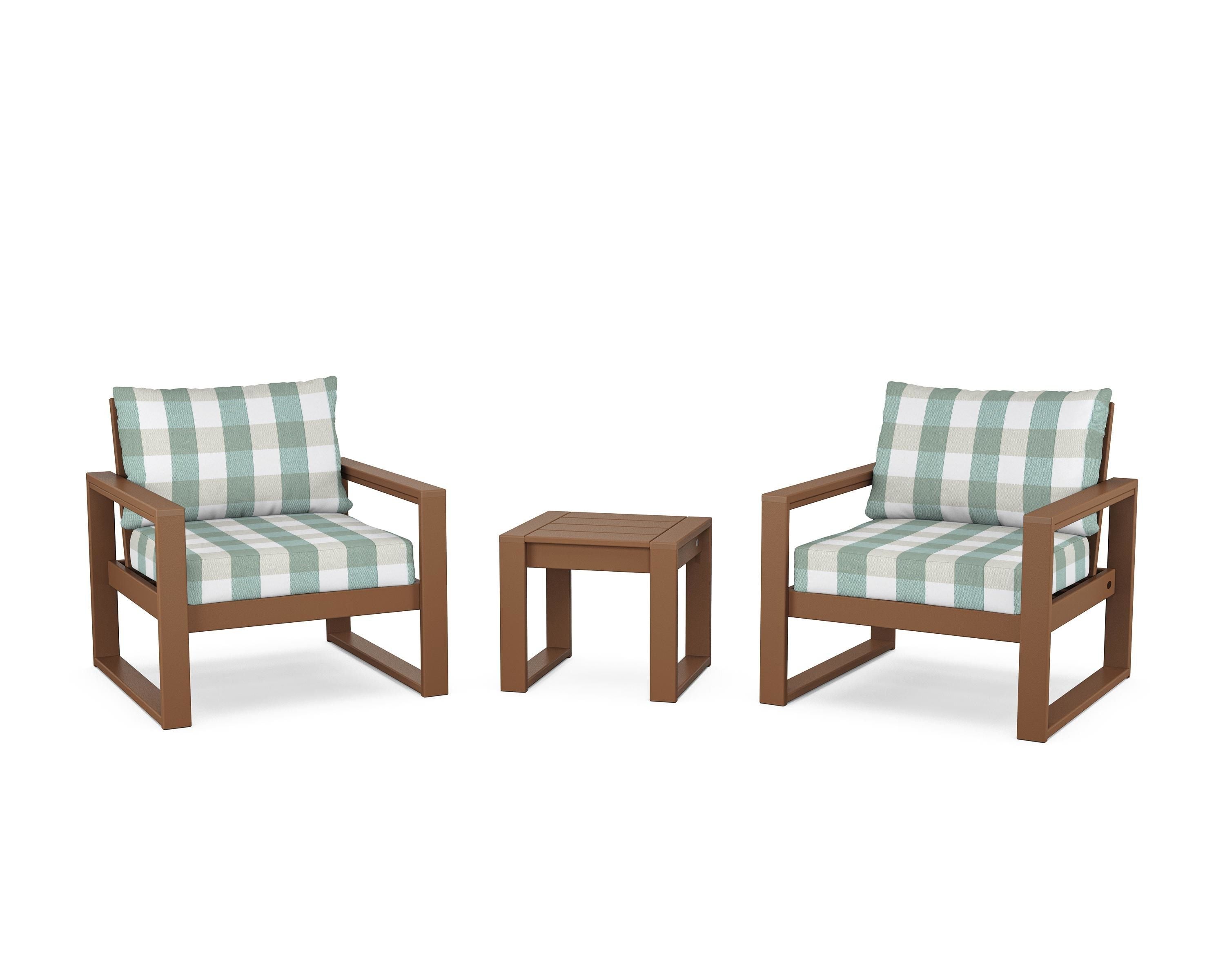 POLYWOOD® EDGE Sectional 3-Piece Deep Seating Set in Teak / Buffalo Plaid Glacier Spa