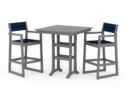 POLYWOOD® EDGE Sling Arm Chair 3-Piece Farmhouse Bar Set with Trestle Legs in Slate Grey / Navy Blue Sling