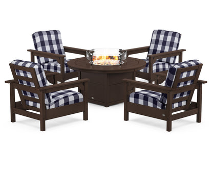 POLYWOOD® Club 5-Piece Conversation Set with Fire Pit Table in Mahogany / Buffalo Plaid Navy