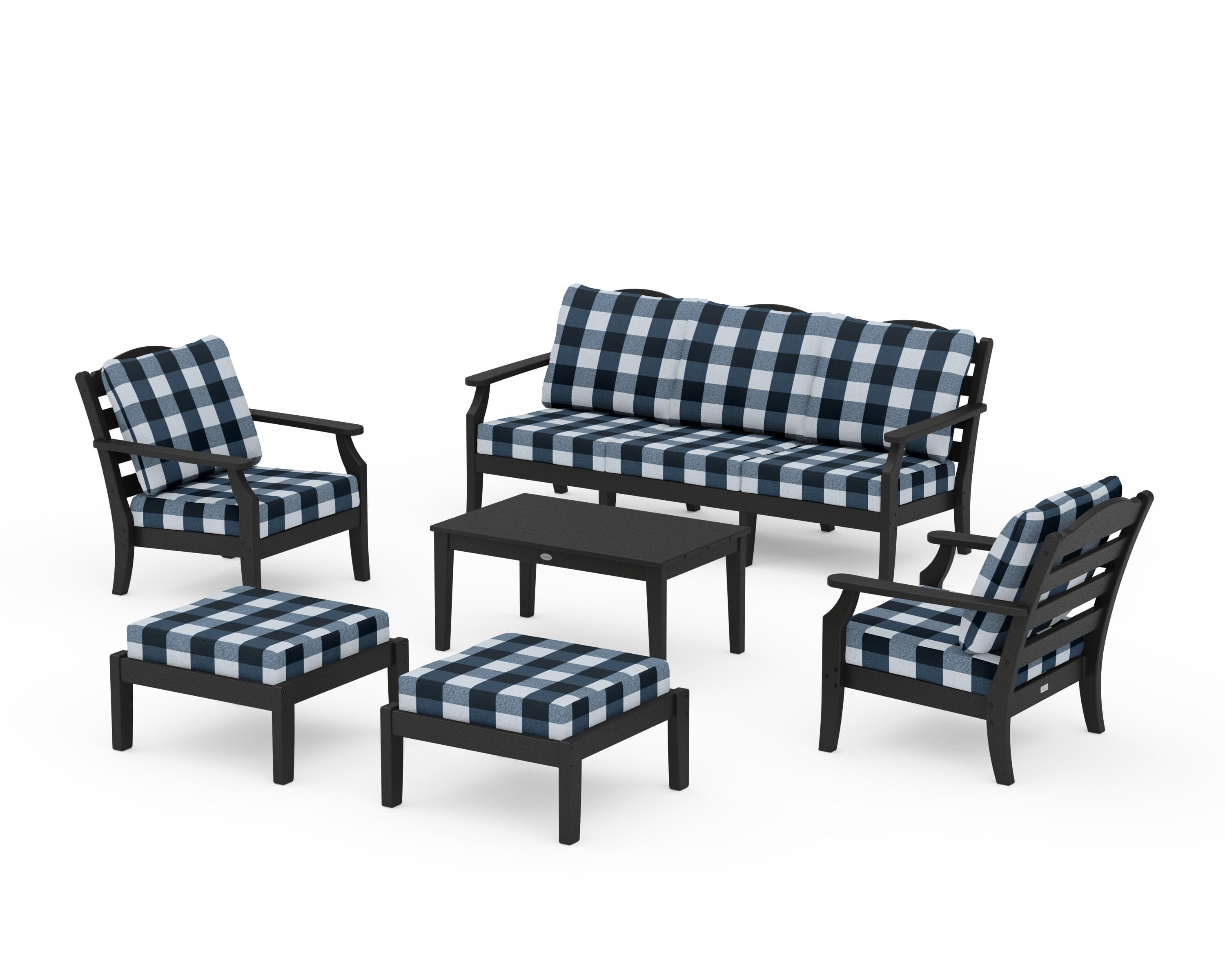 Draper James™ by  POLYWOOD® Savannah 6-Piece Lounge Sofa Set in Black / Buffalo Plaid Marine Indigo