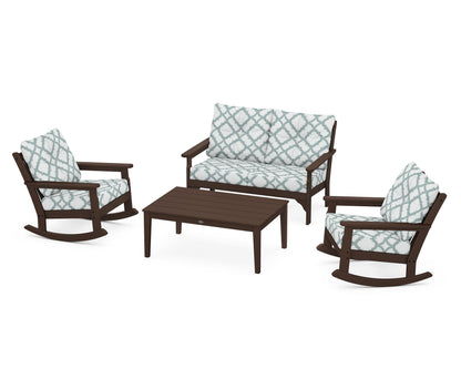 POLYWOOD® Vineyard 4-Piece Deep Seating Rocking Chair Set in Mahogany / Trellis Glacier Spa