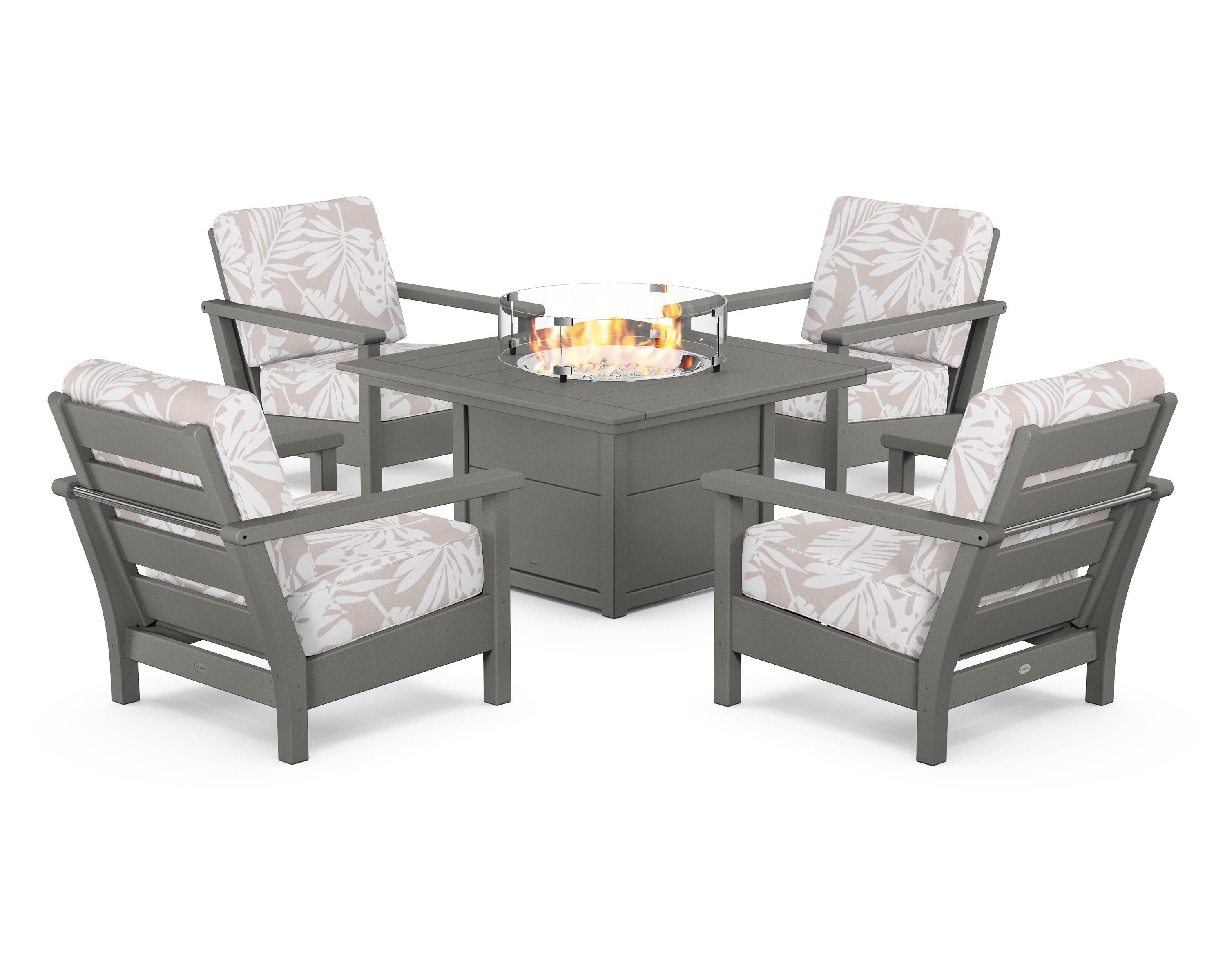 POLYWOOD® Harbour 5-Piece Conversation Set with Fire Pit Table in Slate Grey / Leaf Dune Burlap