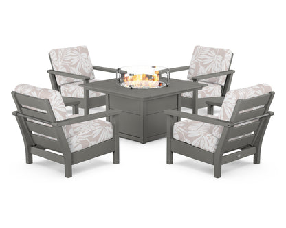 POLYWOOD® Harbour 5-Piece Conversation Set with Fire Pit Table in Slate Grey / Leaf Dune Burlap