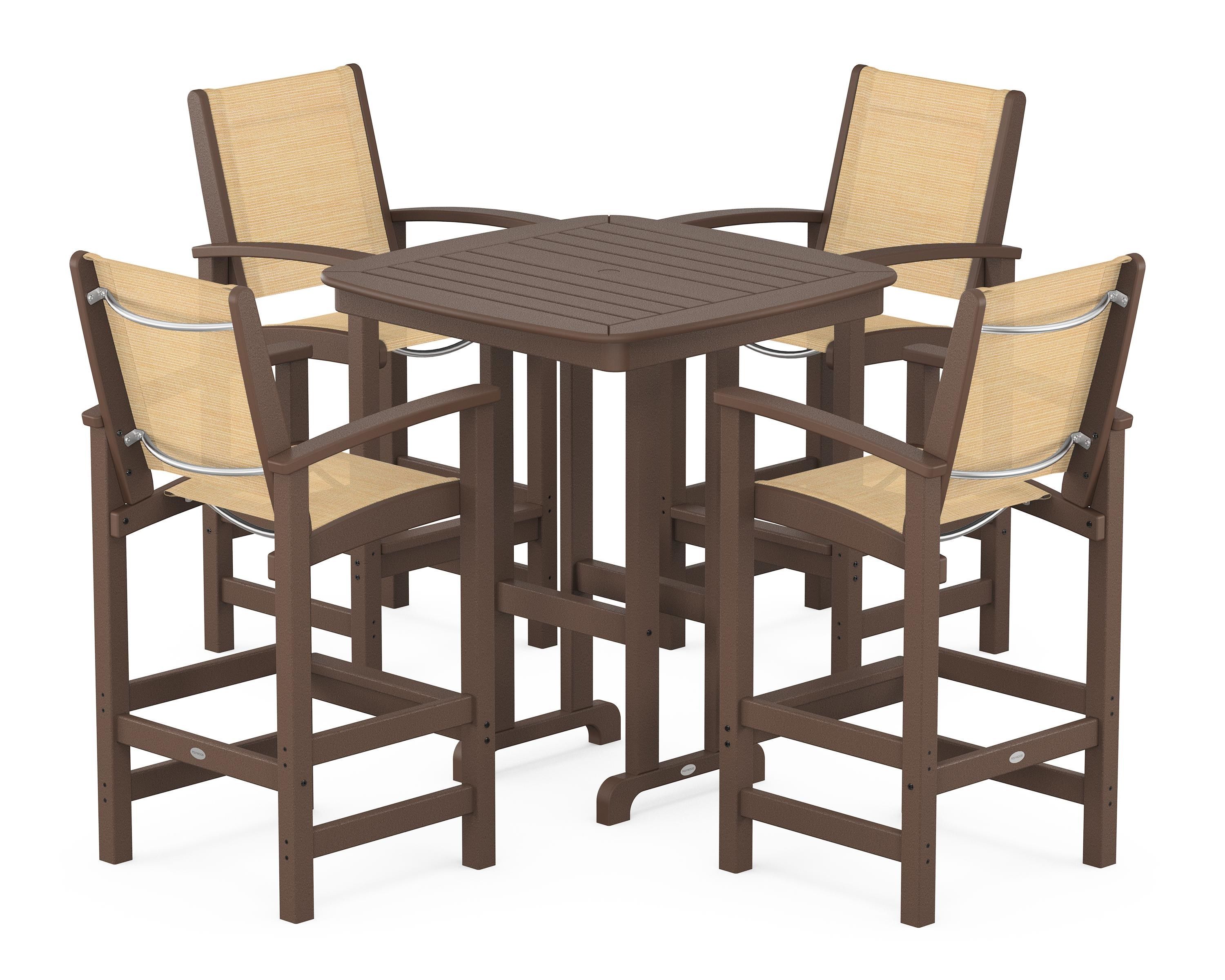 POLYWOOD® Coastal 5-Piece Bar Set in Mahogany / Dupioni Apricot Sling