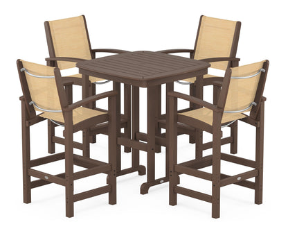 POLYWOOD® Coastal 5-Piece Bar Set in Mahogany / Dupioni Apricot Sling