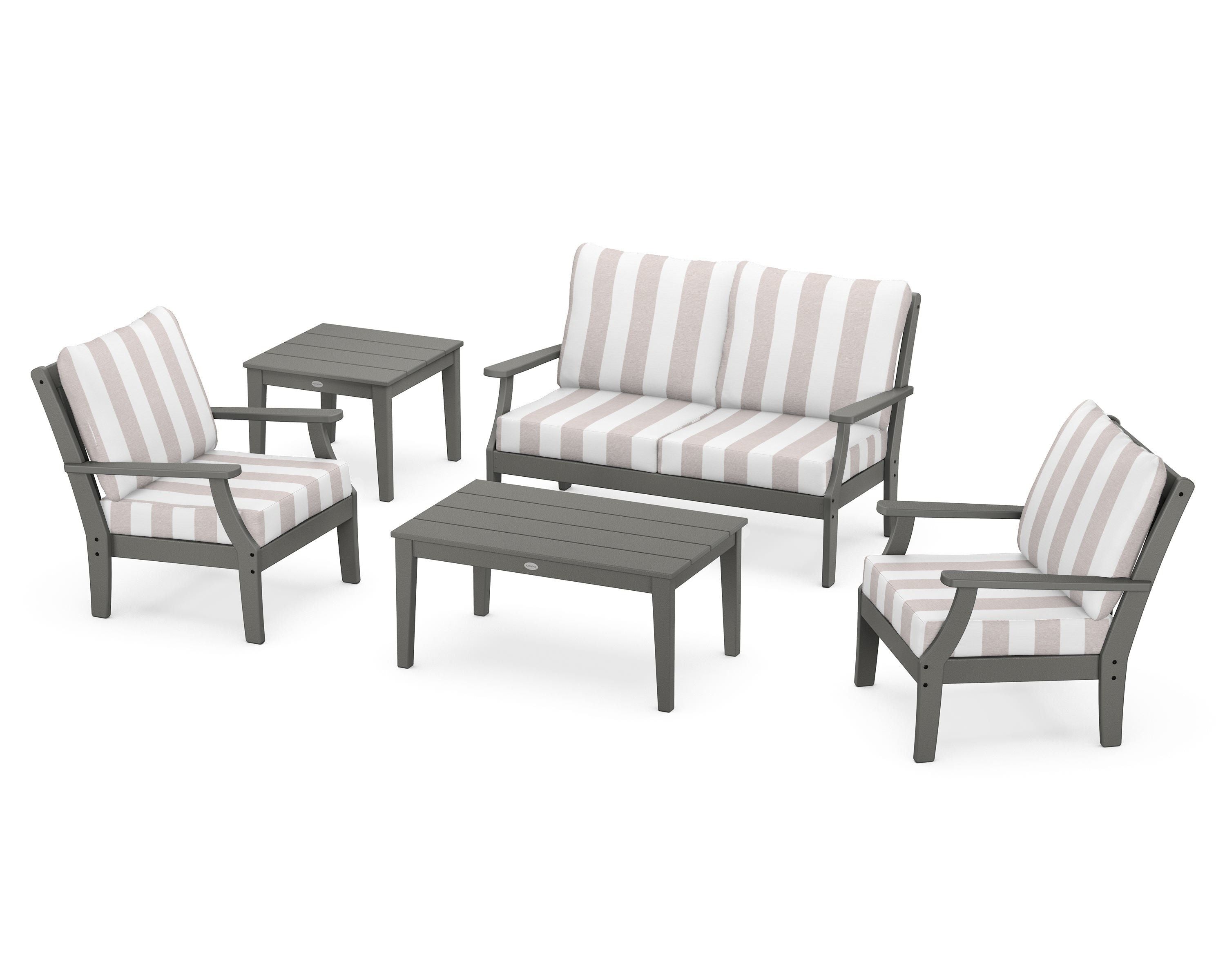 POLYWOOD® Braxton 5-Piece Deep Seating Set in Slate Grey / Cabana Stripe Dune Burlap