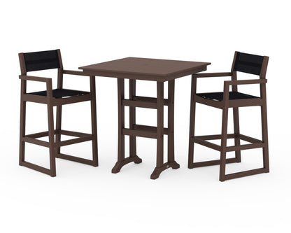 POLYWOOD® EDGE Sling Arm Chair 3-Piece Farmhouse Bar Set with Trestle Legs in Mahogany / Black Sling