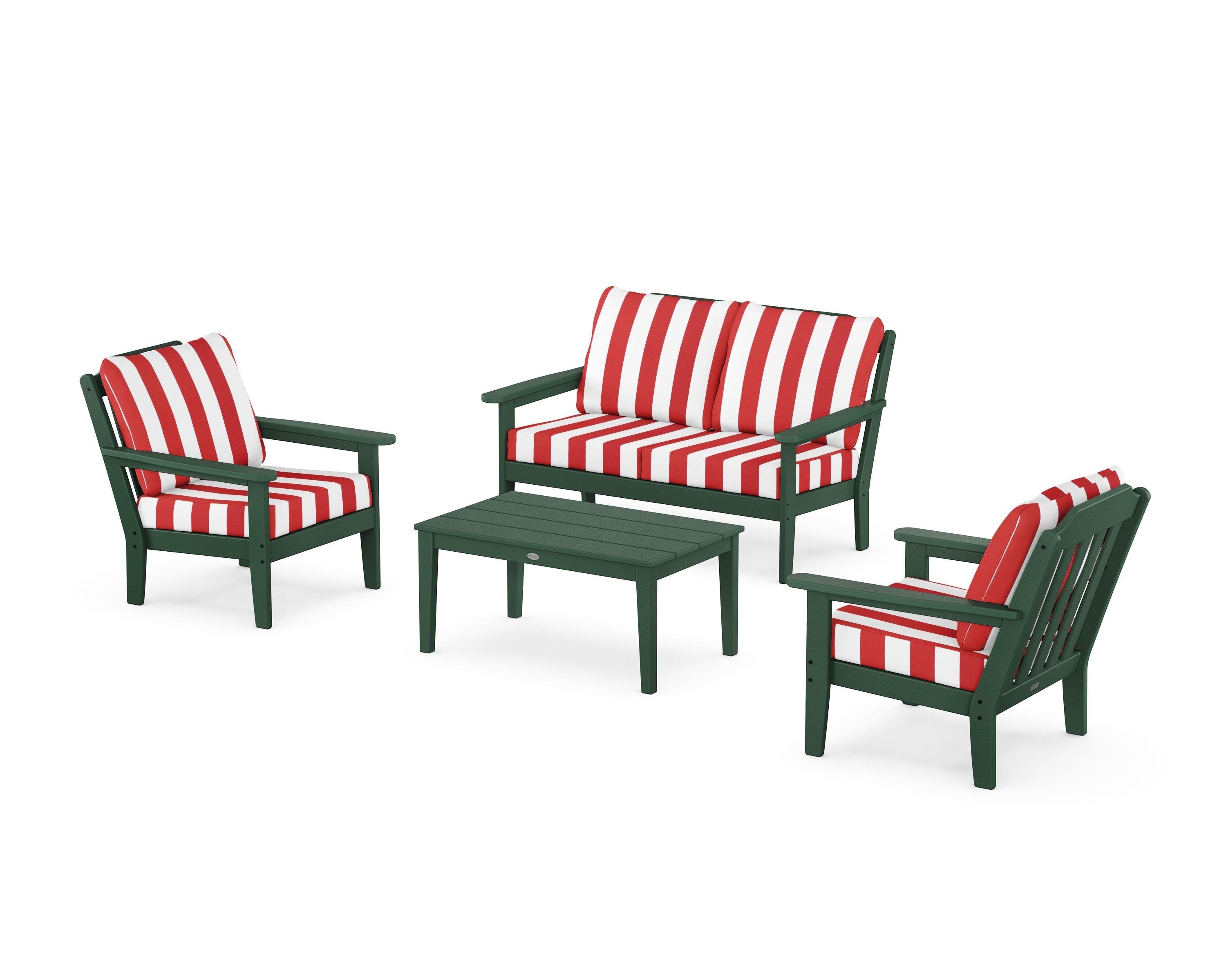 Country Living Cottage 4-Piece Deep Seating Set with Loveseat in Green / Cabana Stripe Crimson