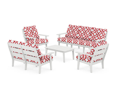 POLYWOOD® Lakeside 5-Piece Lounge Sofa Set in White / Trellis Crimson