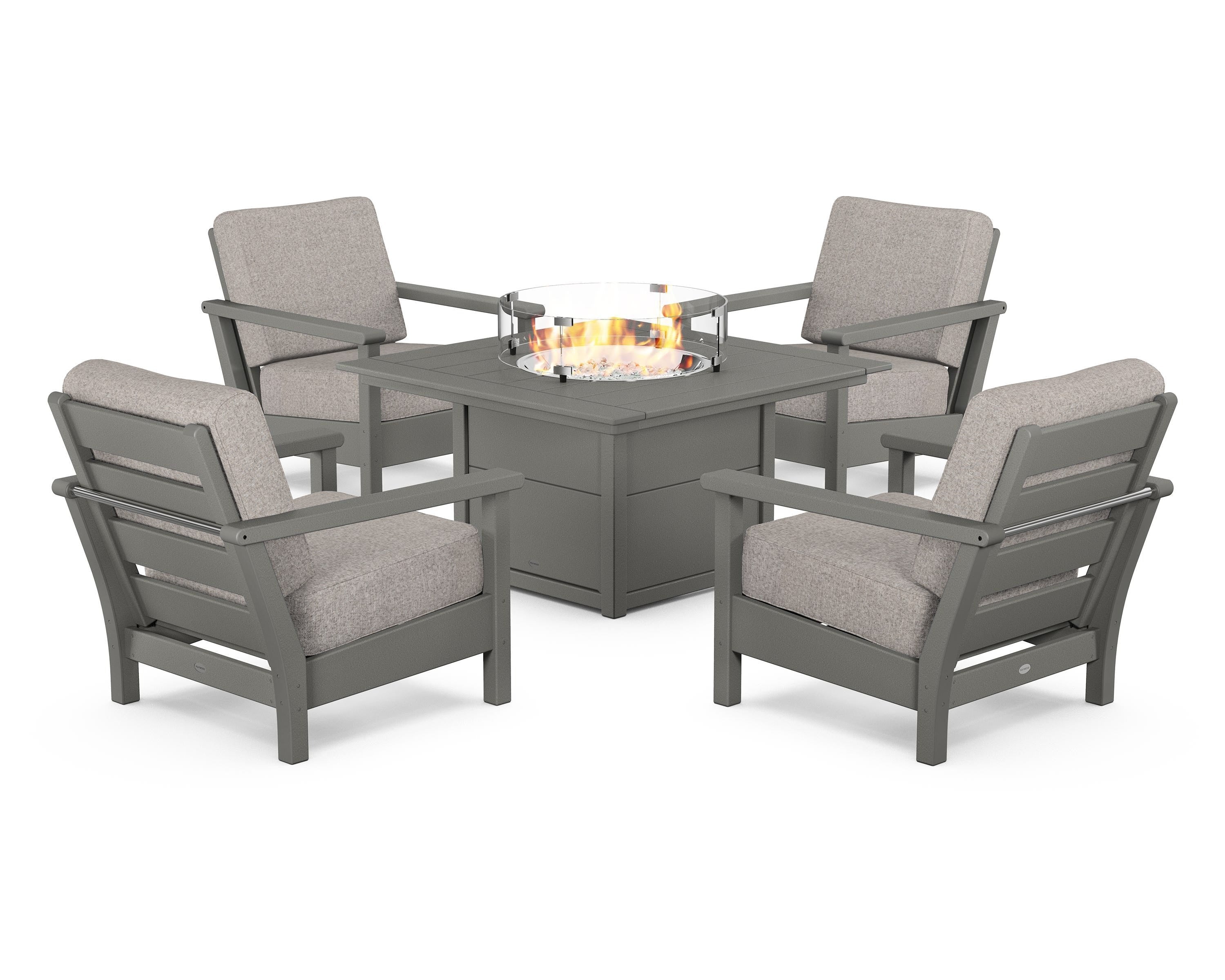 POLYWOOD® Harbour 5-Piece Conversation Set with Fire Pit Table in Slate Grey / Weathered Tweed