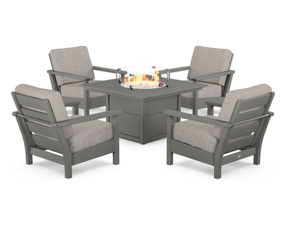POLYWOOD® Harbour 5-Piece Conversation Set with Fire Pit Table in Slate Grey / Weathered Tweed