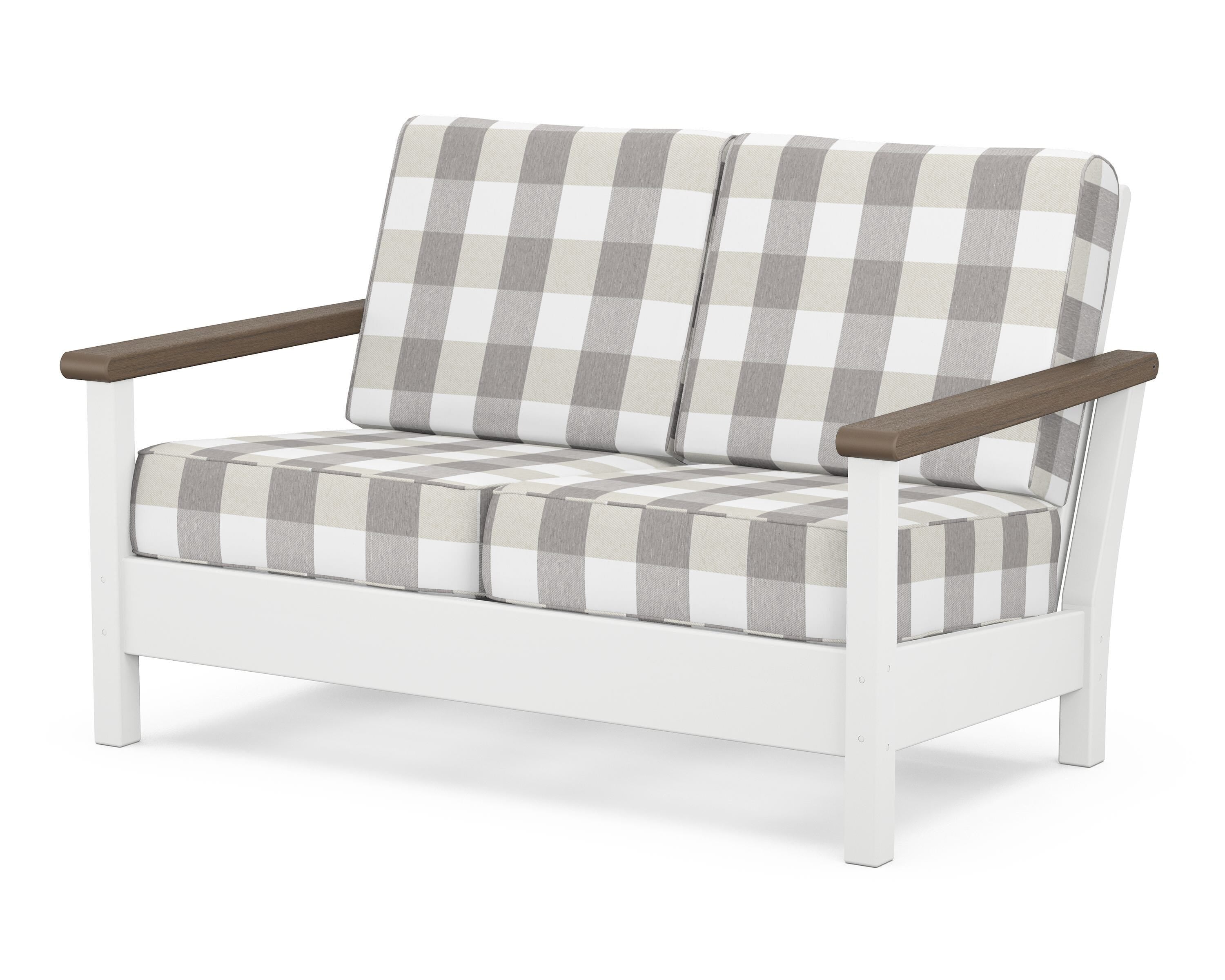 POLYWOOD® Harbour Deep Seating Loveseat in White / Kona / Buffalo Plaid Grey Mist
