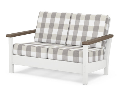 POLYWOOD® Harbour Deep Seating Loveseat in White / Kona / Buffalo Plaid Grey Mist