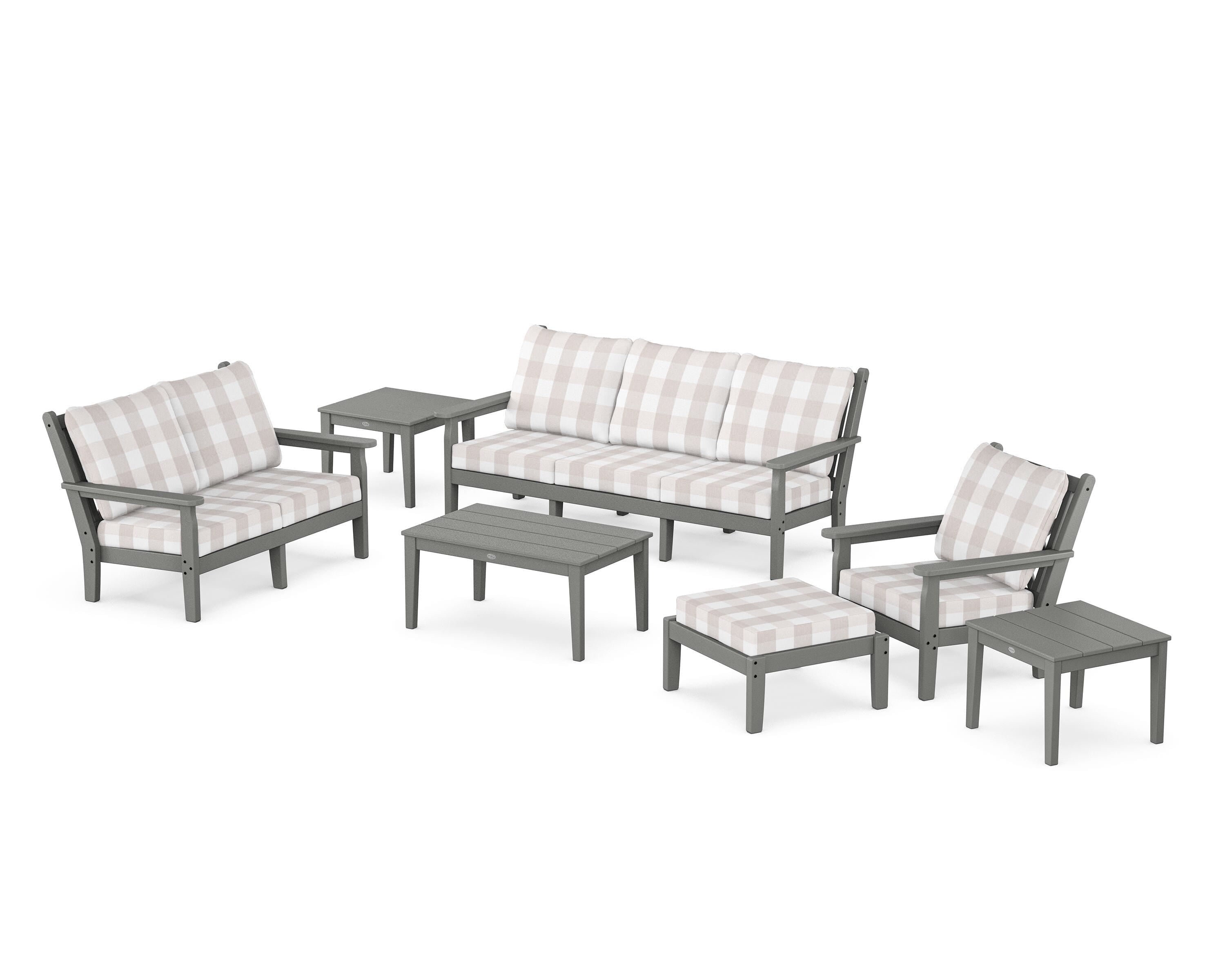 POLYWOOD® Chippendale 7-Piece Deep Seating Set in Slate Grey / Buffalo Plaid Dune Burlap