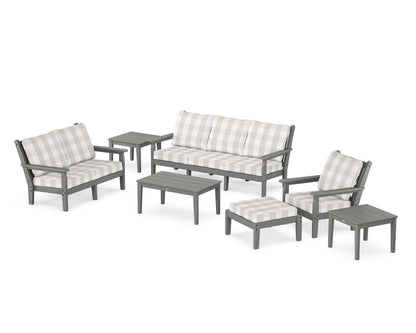 POLYWOOD® Chippendale 7-Piece Deep Seating Set in Slate Grey / Buffalo Plaid Dune Burlap
