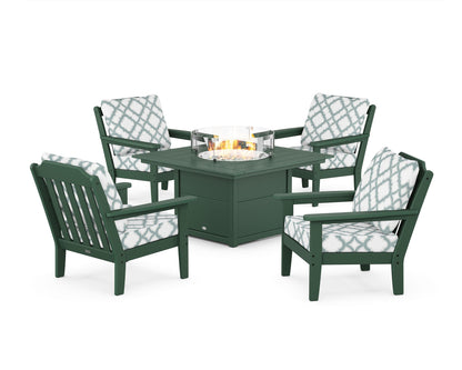 Country Living Cottage 5-Piece Deep Seating Set with Fire Pit Table in Green / Trellis Glacier Spa