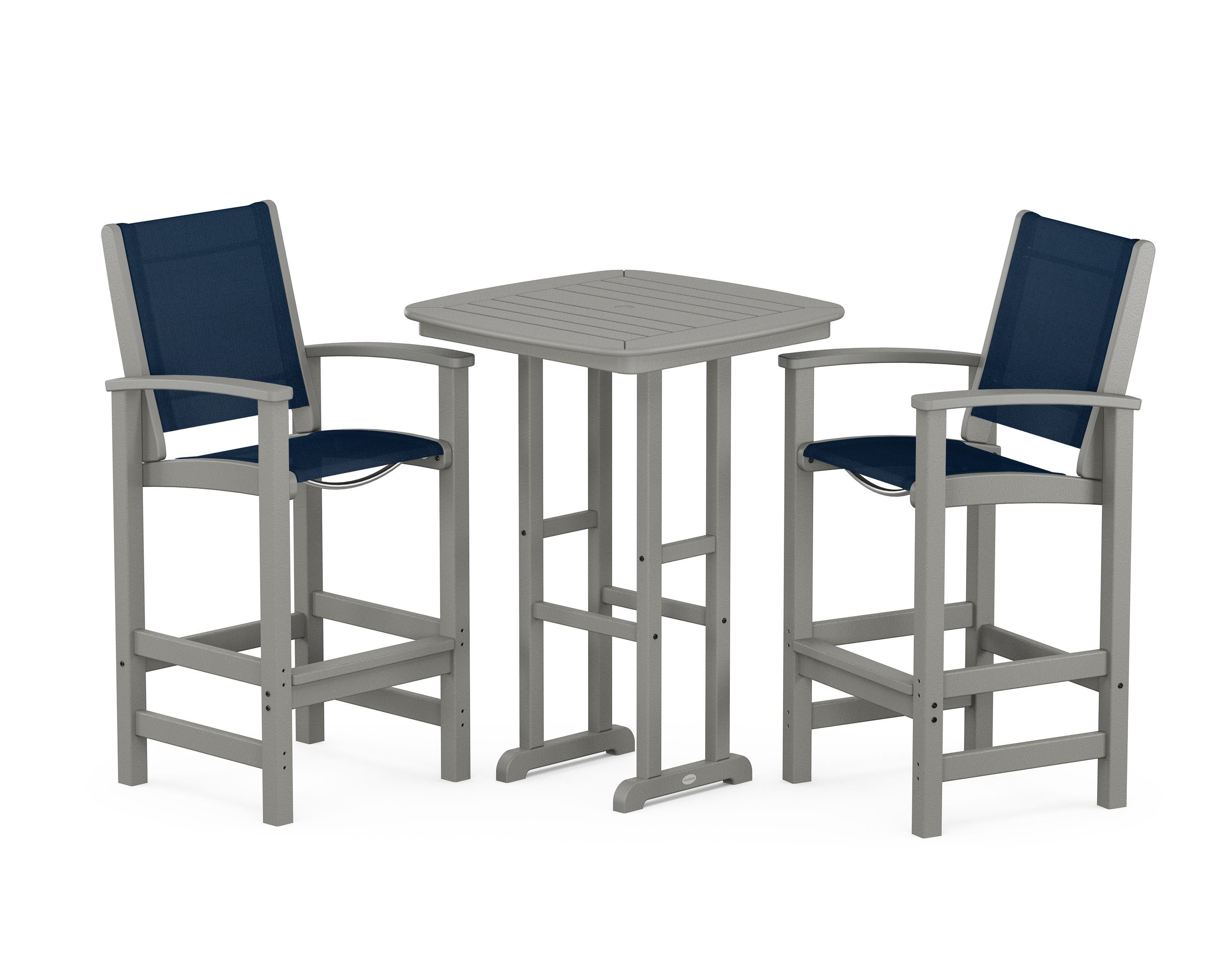 POLYWOOD® Coastal 3-Piece Bar Set in Slate Grey / Navy Blue Sling