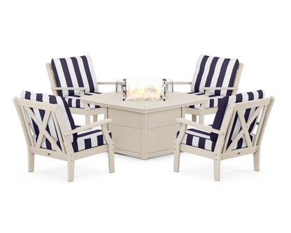 POLYWOOD® Braxton 5-Piece Deep Seating Conversation Set with Fire Pit Table in Sand / Cabana Stripe Navy
