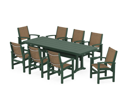 POLYWOOD® Coastal 9-Piece Farmhouse Dining Set with Trestle Legs in Green / Burlap Sling