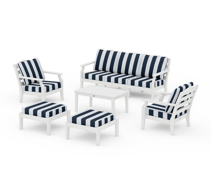Draper James™ by  POLYWOOD® Savannah 6-Piece Lounge Sofa Set in White / Cabana Stripe Marine Indigo