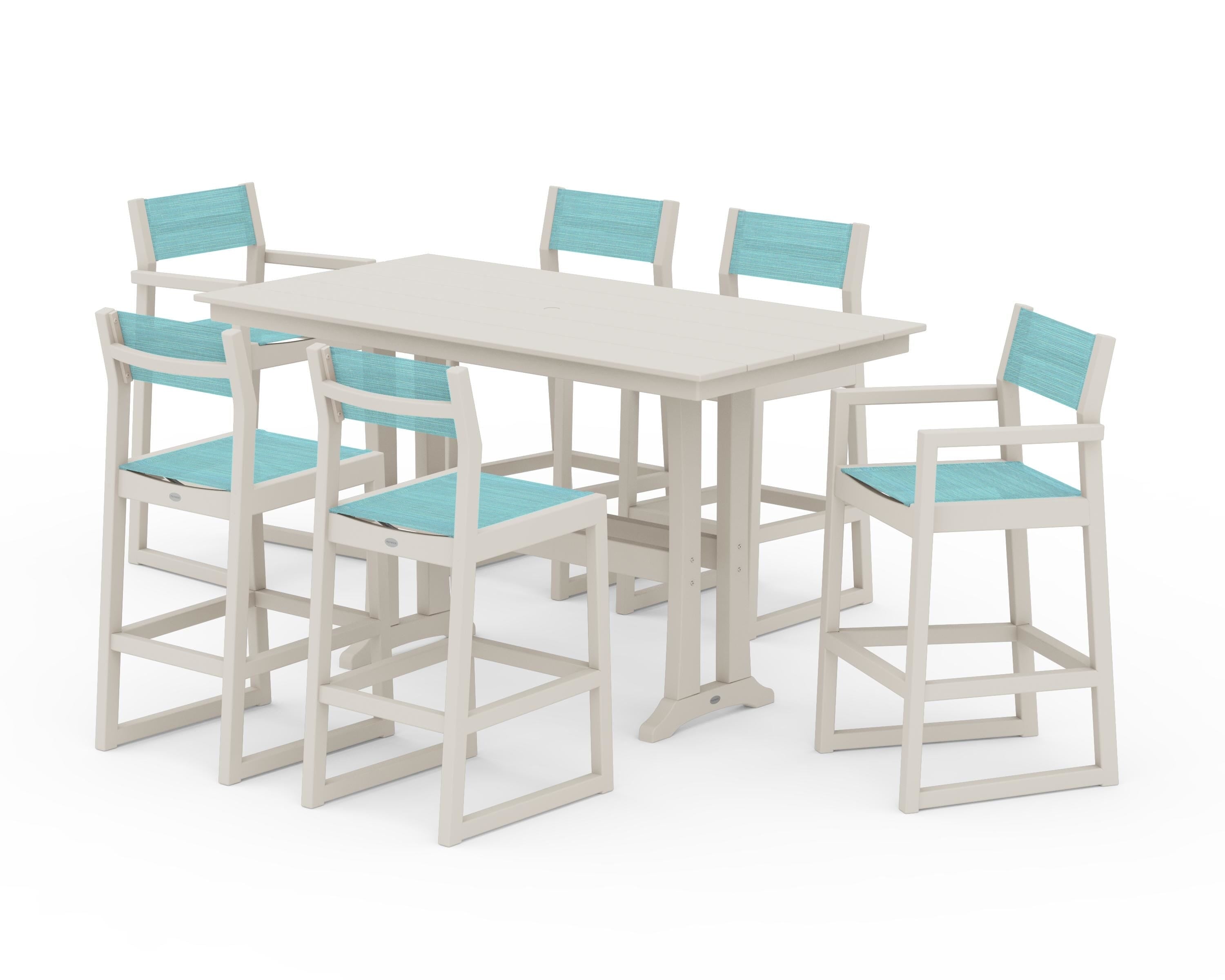 POLYWOOD® EDGE Sling 7-Piece Farmhouse Bar Set with Trestle Legs in Sand / Dupioni Aquamarine Sling
