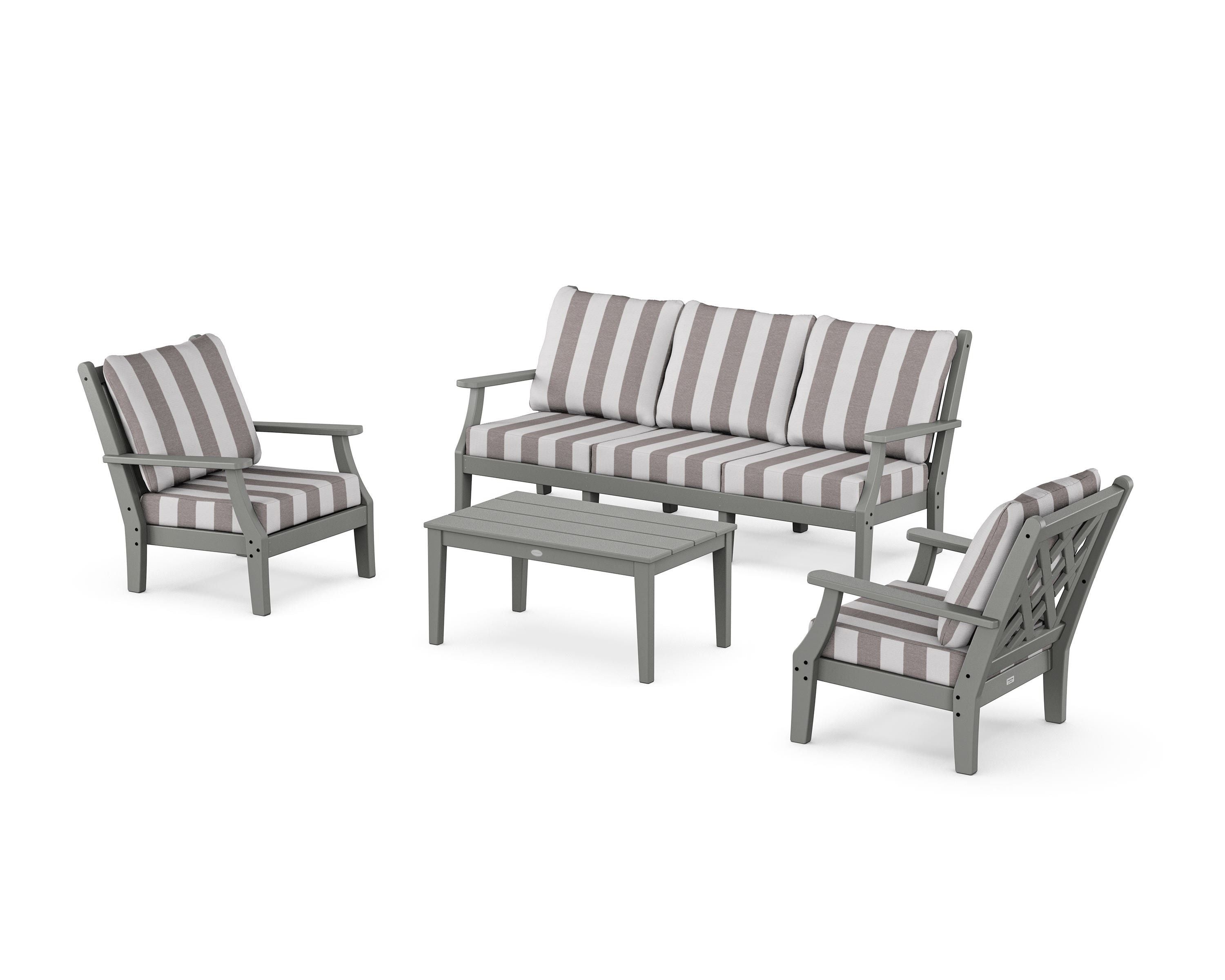 Country Living Wovendale 4-Piece Deep Seating Set with Sofa in Slate Grey / Cabana Stripe Grey Mist