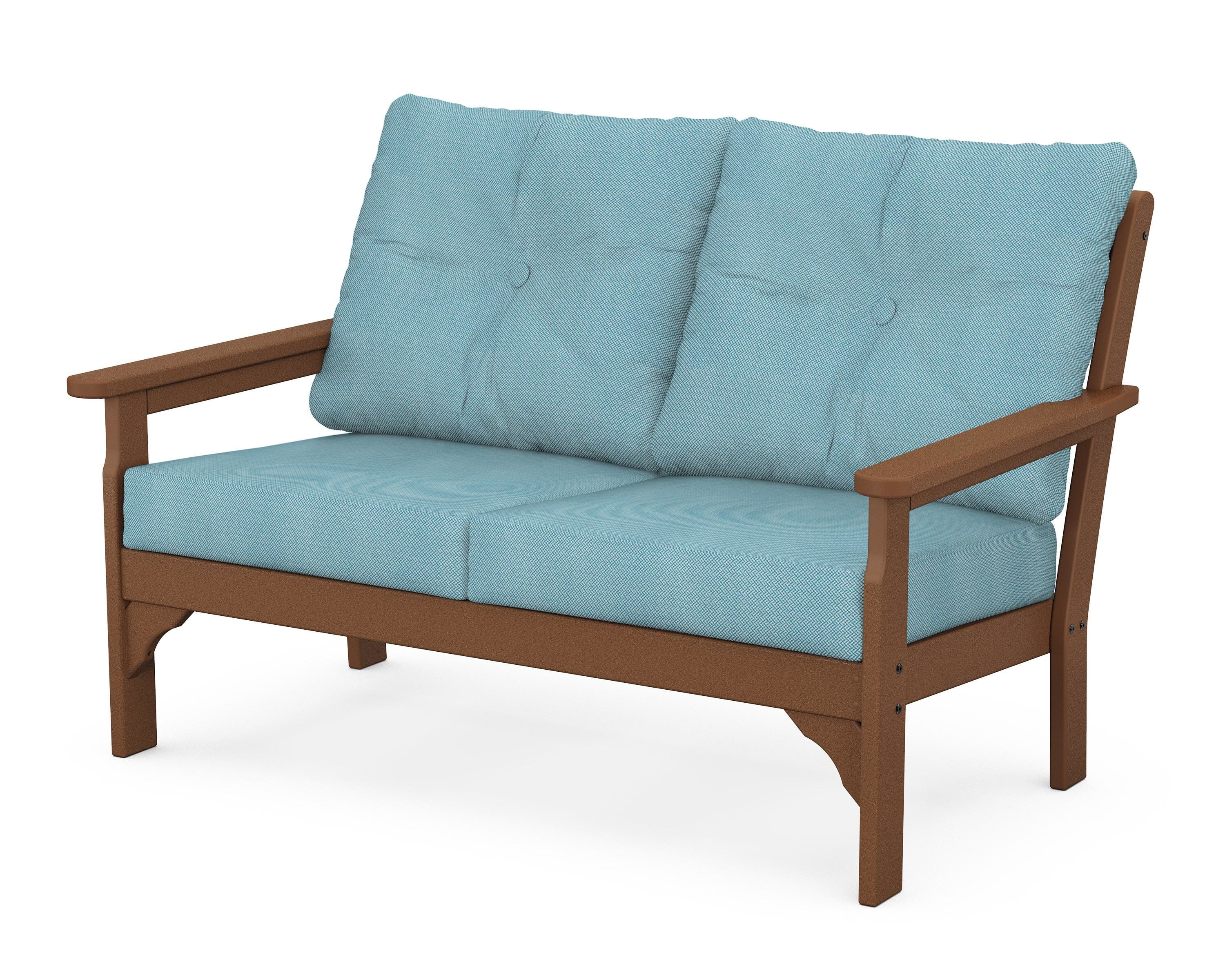 POLYWOOD® Vineyard Deep Seating Loveseat in Teak / Lattice Sky Blue