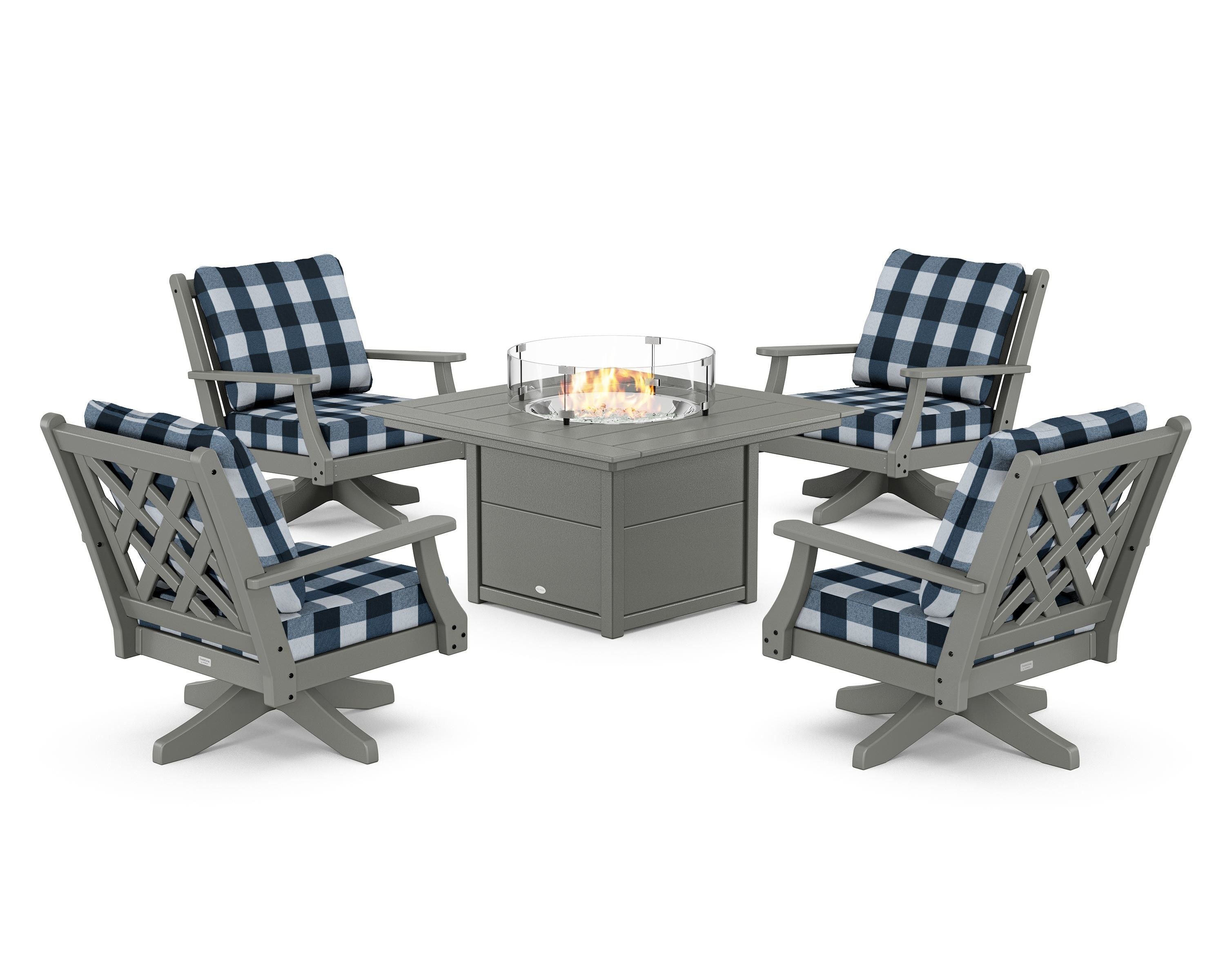 Country Living Wovendale 5-Piece Deep Seating Swivel Conversation Set with Fire Pit Table in Slate Grey / Buffalo Plaid Marine Indigo