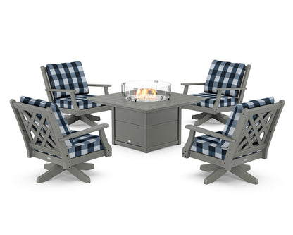 Country Living Wovendale 5-Piece Deep Seating Swivel Conversation Set with Fire Pit Table in Slate Grey / Buffalo Plaid Marine Indigo