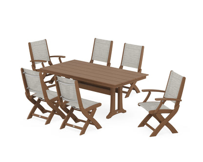 POLYWOOD® Coastal Folding Chair 7-Piece Farmhouse Dining Set with Trestle Legs in Teak / Birch Sling