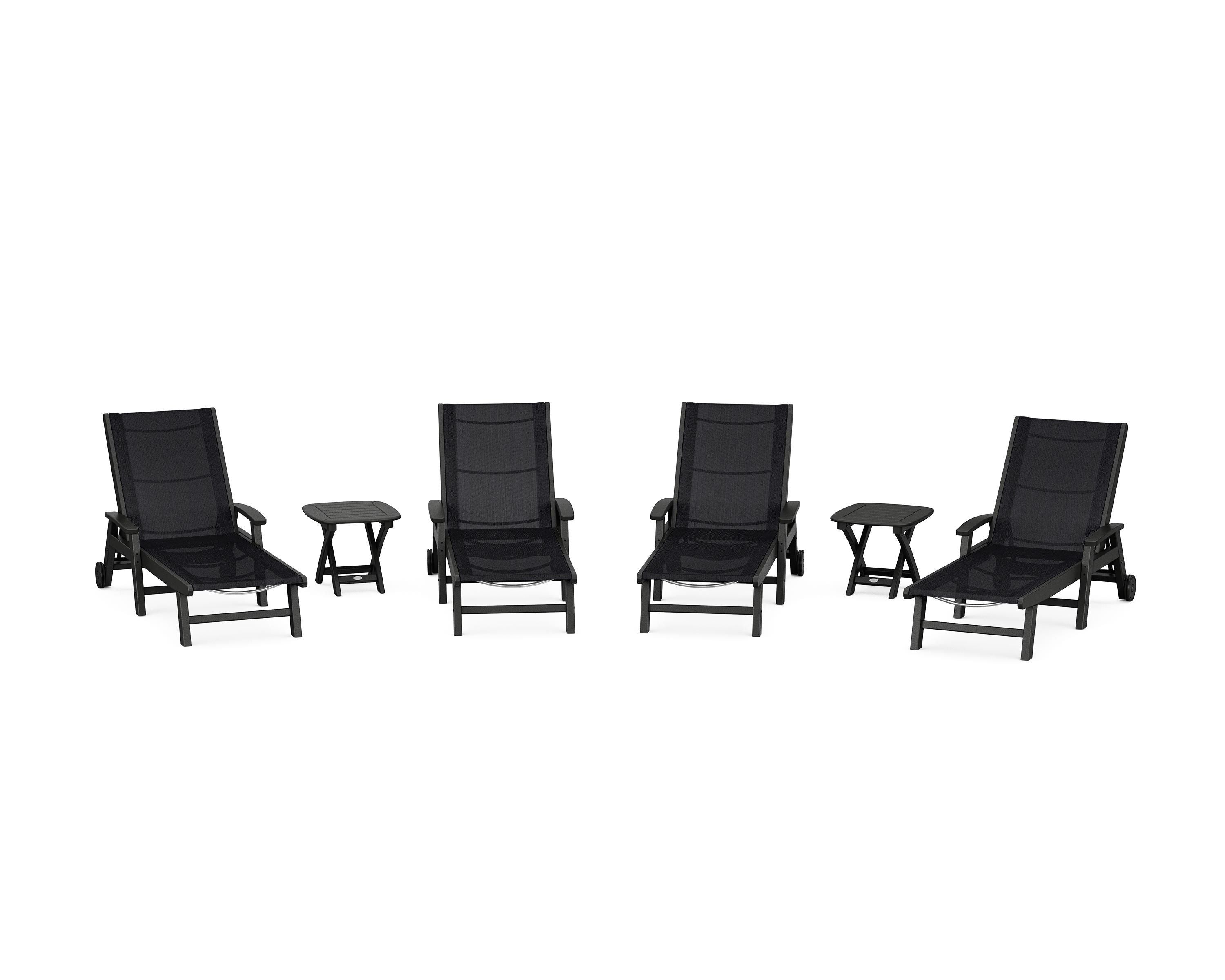 POLYWOOD® Coastal Chaise 6-Piece Set with Wheels in Black / Black Sling