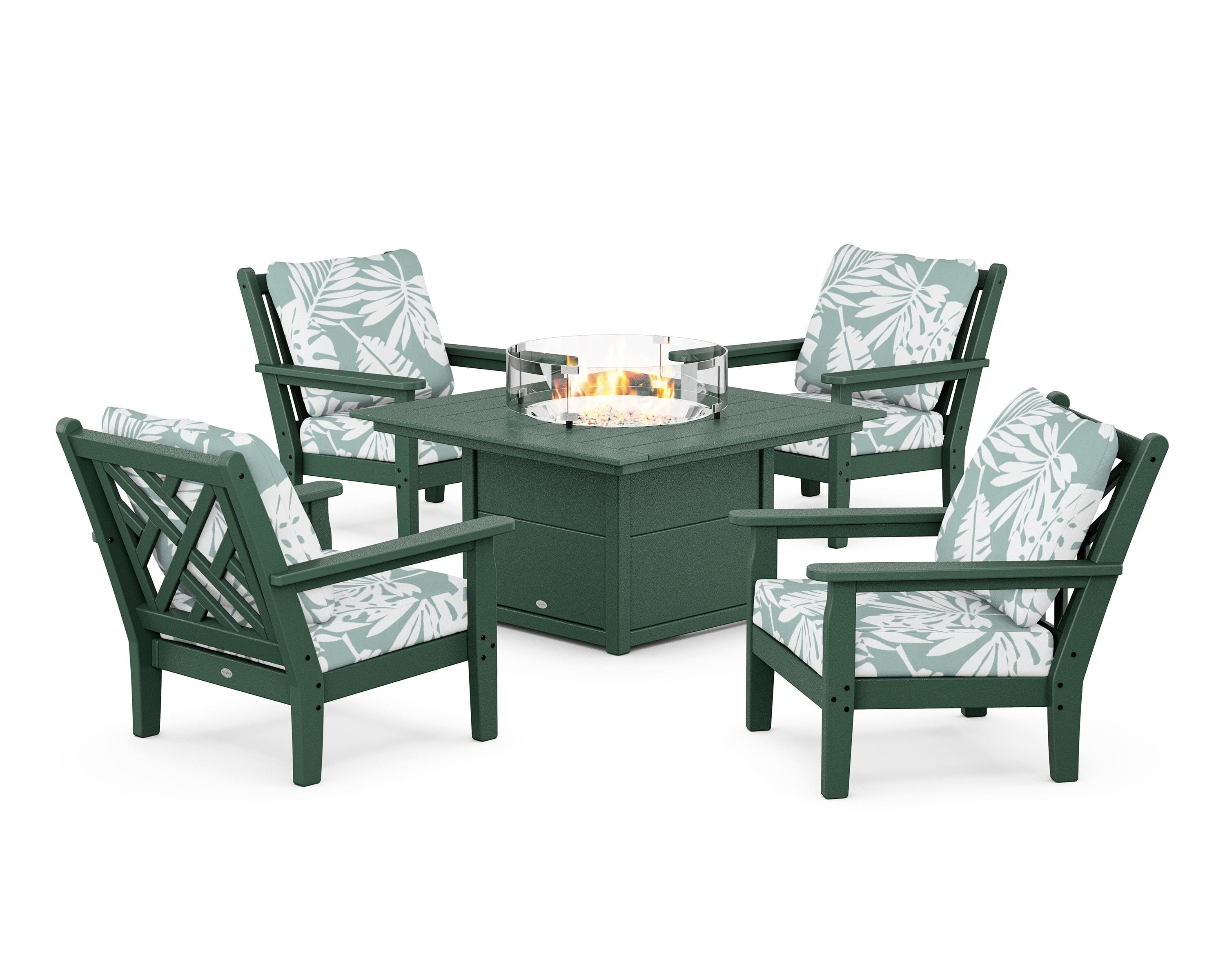 POLYWOOD® Chippendale 5-Piece Deep Seating Set with Fire Pit Table in Green / Leaf Glacier Spa