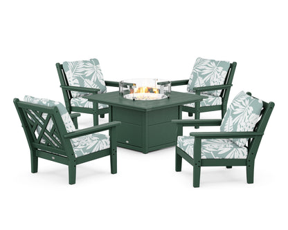 POLYWOOD® Chippendale 5-Piece Deep Seating Set with Fire Pit Table in Green / Leaf Glacier Spa