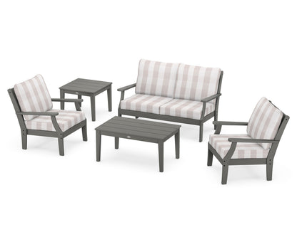 POLYWOOD® Braxton 5-Piece Deep Seating Set in Slate Grey / Buffalo Plaid Dune Burlap