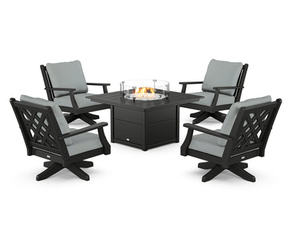 Country Living Wovendale 5-Piece Deep Seating Swivel Conversation Set with Fire Pit Table in Black / Spa