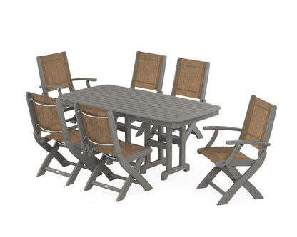 POLYWOOD® Coastal Folding Chair 7-Piece Dining Set in Slate Grey / Burlap Sling