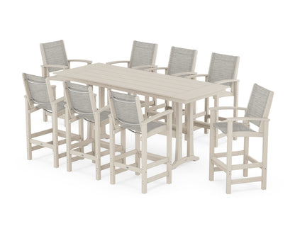POLYWOOD® Coastal 9-Piece Farmhouse Bar Set with Trestle Legs in Sand / Birch Sling