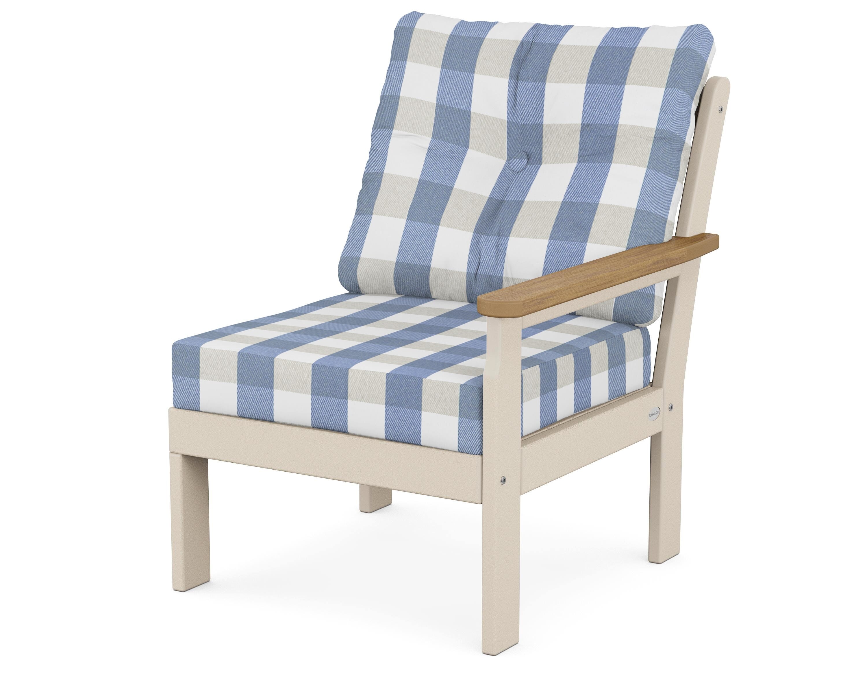POLYWOOD® Vineyard Modular Right Arm Chair in Sand / Natural / Buffalo Plaid Sky Blue