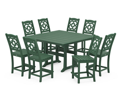Martha Stewart by POLYWOOD® Chinoiserie 9-Piece Square Farmhouse Side Chair Counter Set with Trestle Legs in Green