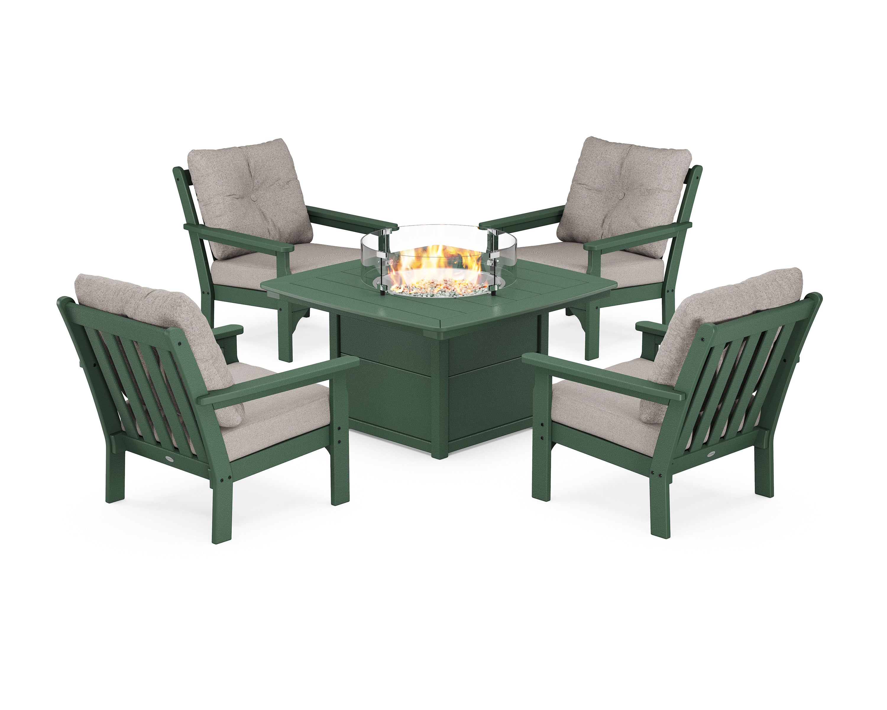 POLYWOOD® Vineyard 5-Piece Conversation Set with Fire Pit Table in Green / Weathered Tweed