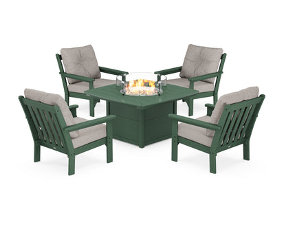 POLYWOOD® Vineyard 5-Piece Conversation Set with Fire Pit Table in Green / Weathered Tweed