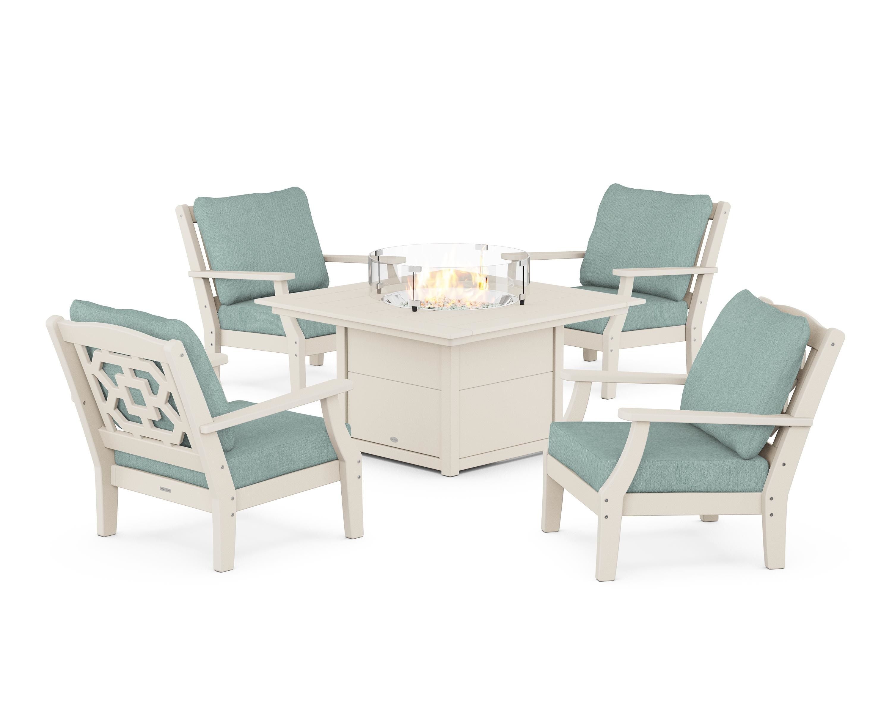 Martha Stewart by POLYWOOD® Chinoiserie 5-Piece Deep Seating Set with Fire Pit Table in Sand / Glacier Spa