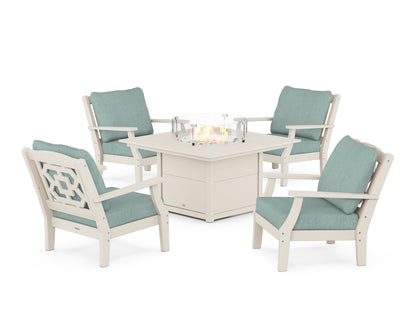 Martha Stewart by POLYWOOD® Chinoiserie 5-Piece Deep Seating Set with Fire Pit Table in Sand / Glacier Spa