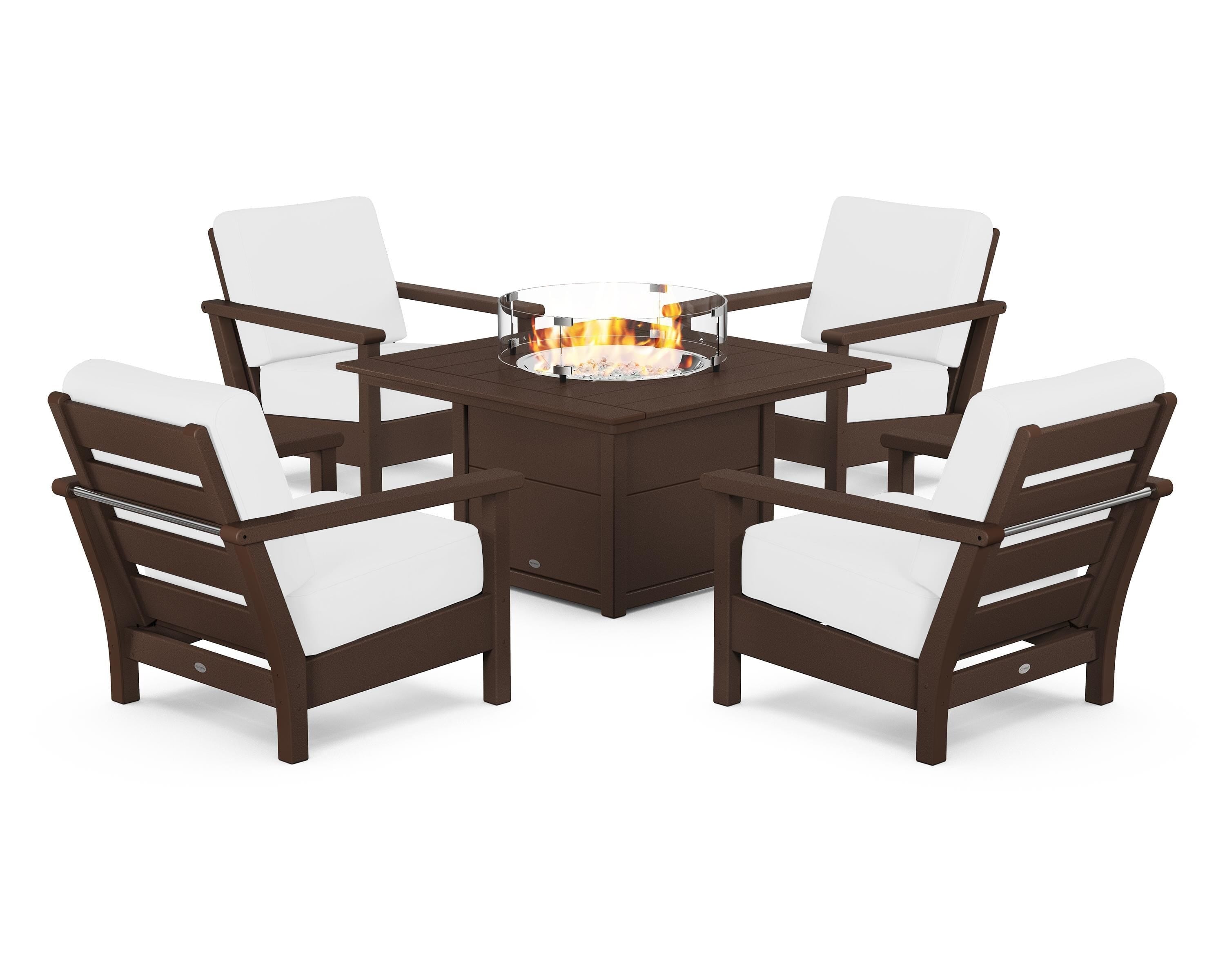 POLYWOOD® Harbour 5-Piece Conversation Set with Fire Pit Table in Mahogany / Natural